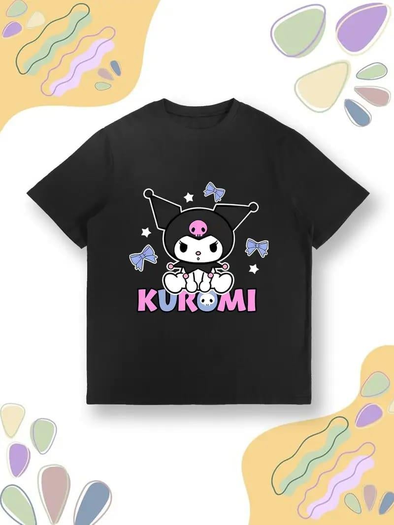 Kuromi Yeni Sezon Küçük Kurdele Baskılı Siyah Tişört T-shirt