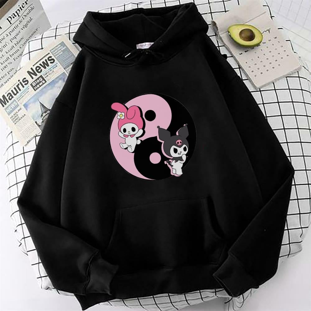Kuromi&Mymelody Siyah Oversize Sweatshirt Kapüşonlu Hoodie Kuromi Yinyang Baskı