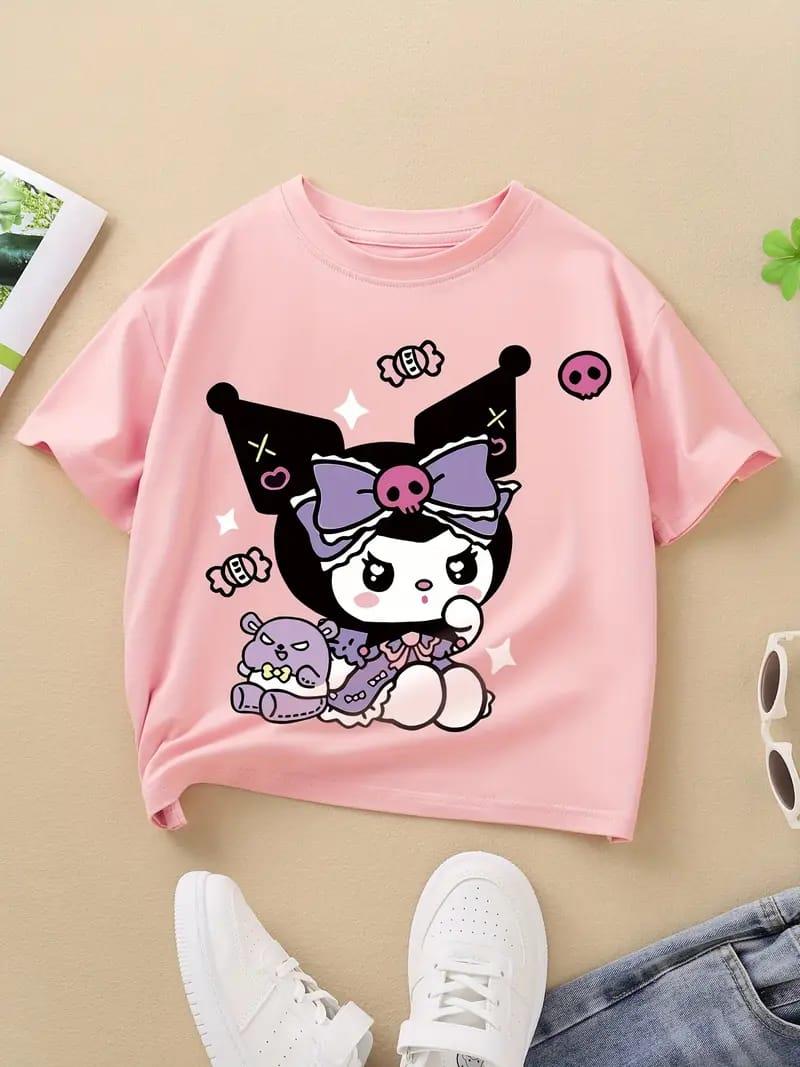 Kuromi&Yanda Yeni Sezon Baskılı Pembe Tişört T-shirt