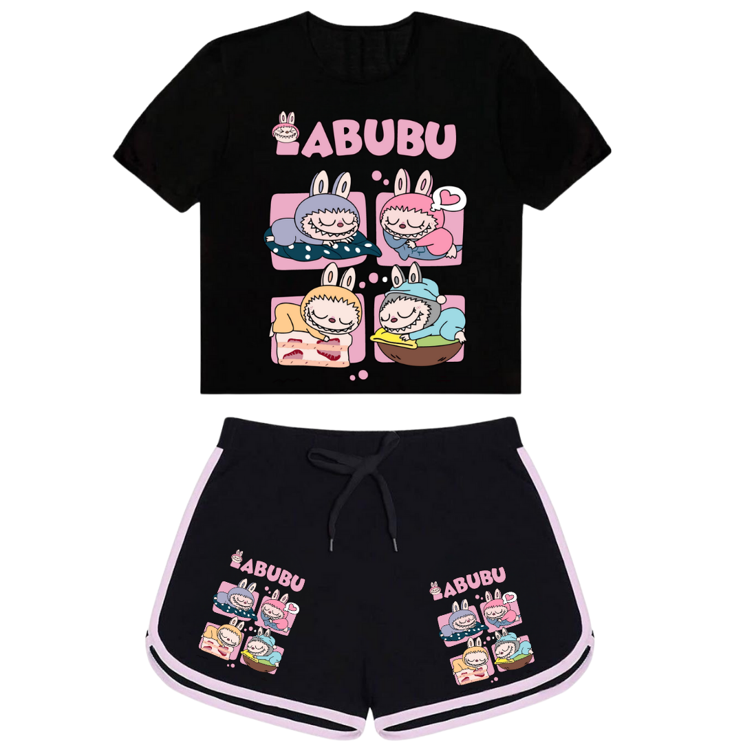 Labubu 4LÜ Baskılı Siyah Şort/Tişört Takım 