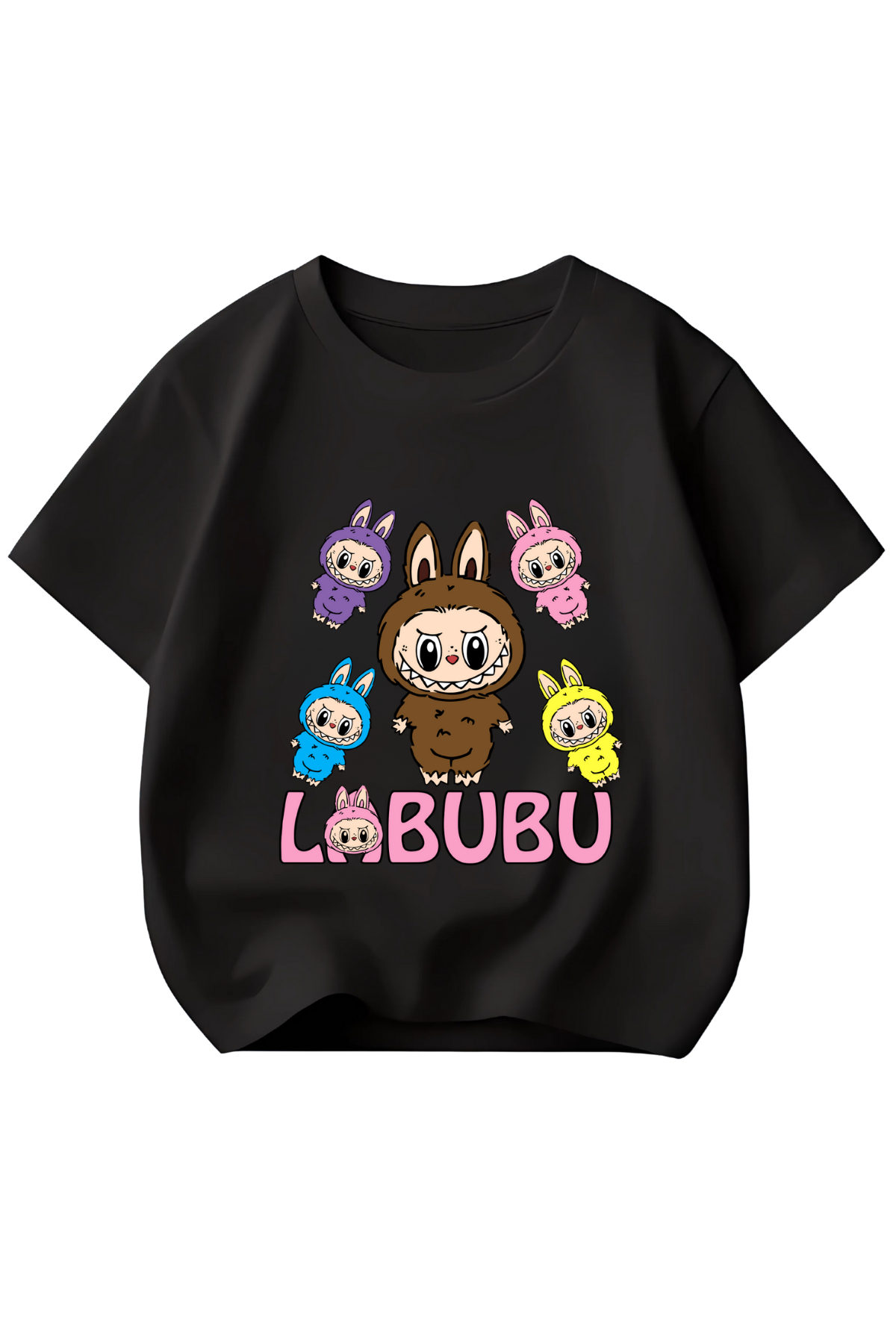 Labubu 5 li Baskılı Siyah Kız Çocuk Tişört Tshirt