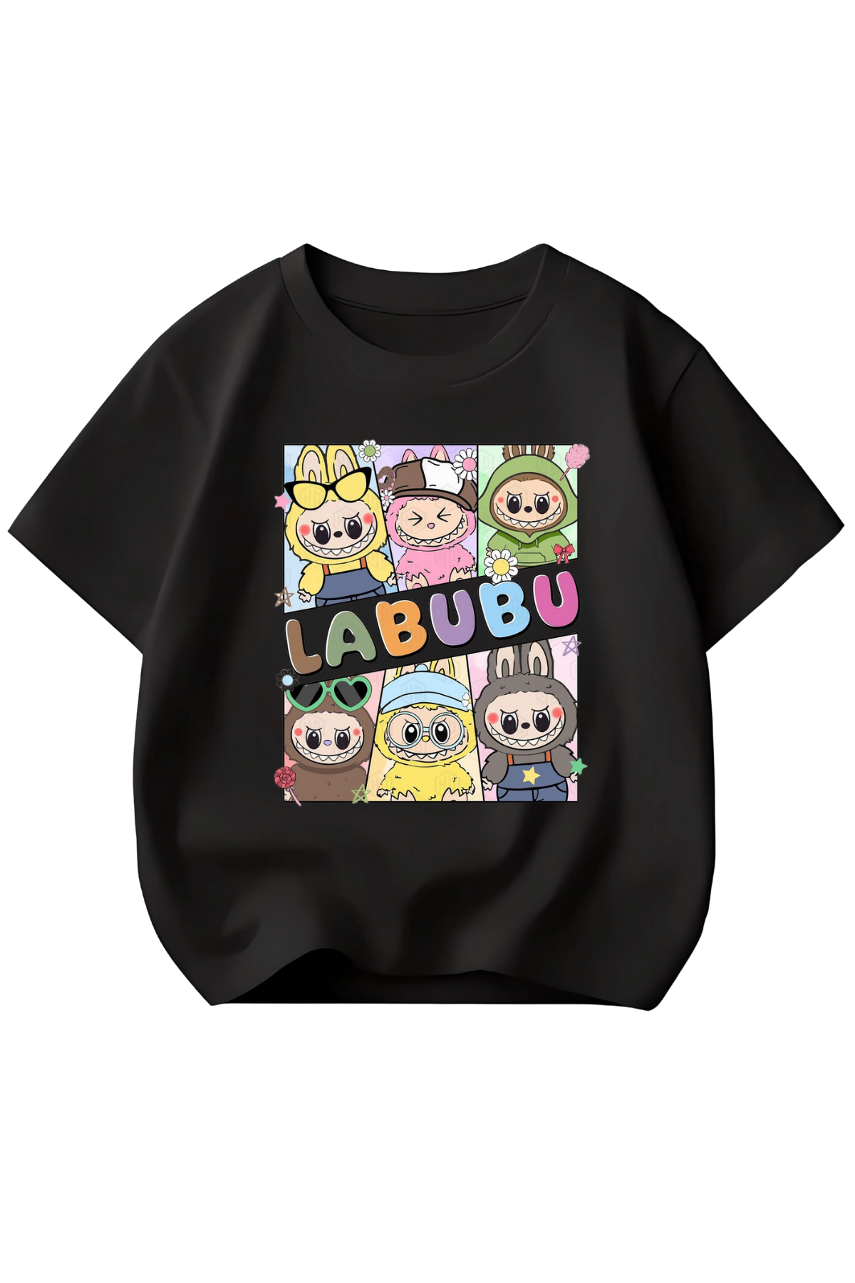 Labubu 6 lı Baskılı Siyah Kız Çocuk Tişört Tshirt