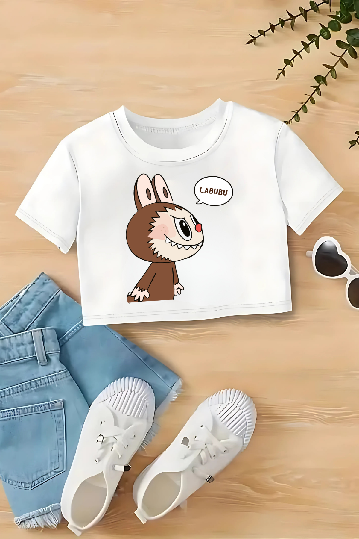 Labubu Baloncuk Baskılı Beyaz Crop Dar Kalıp Crop Top