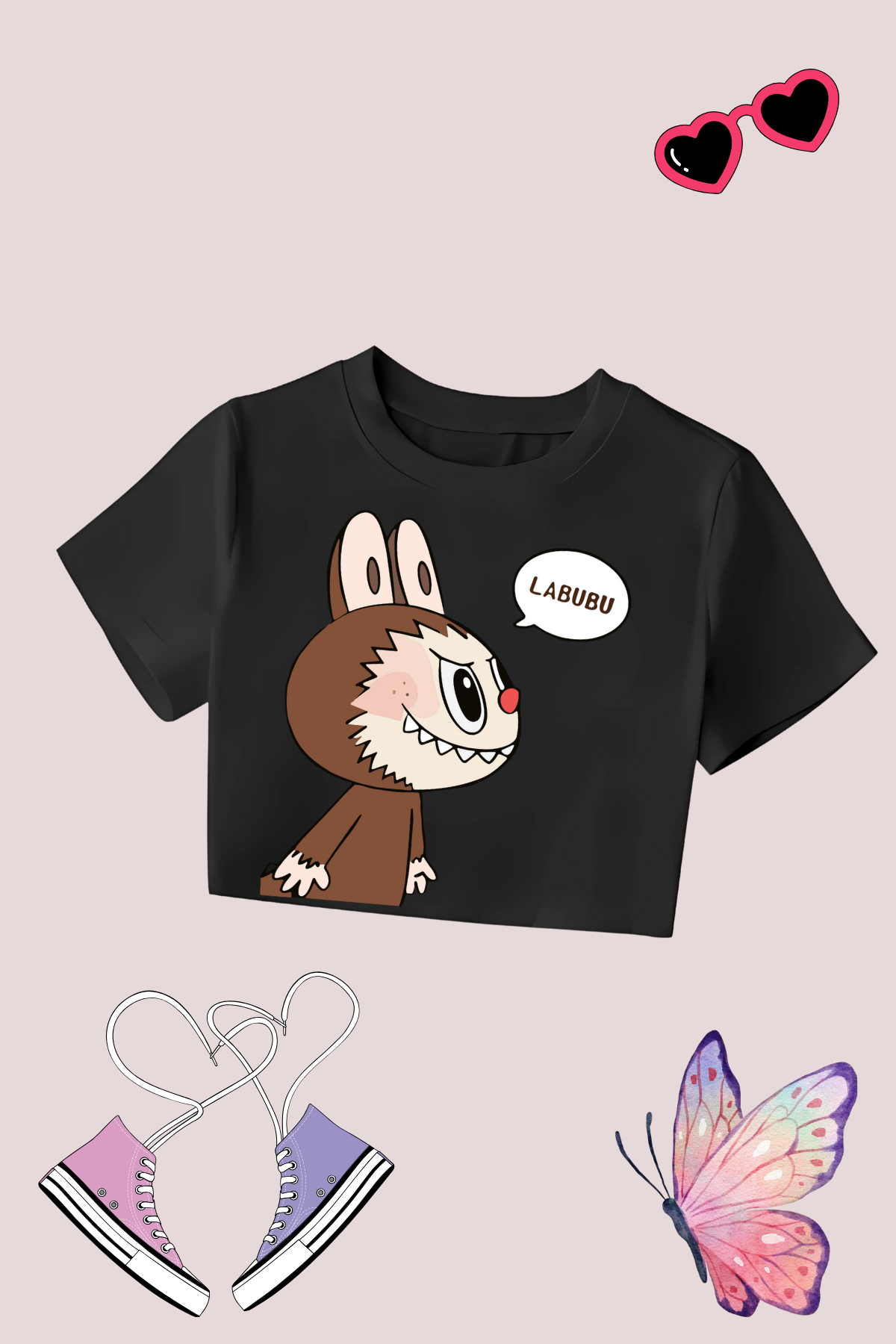 Labubu Baloncuk Baskılı Siyah Crop Dar Kalıp Crop Top