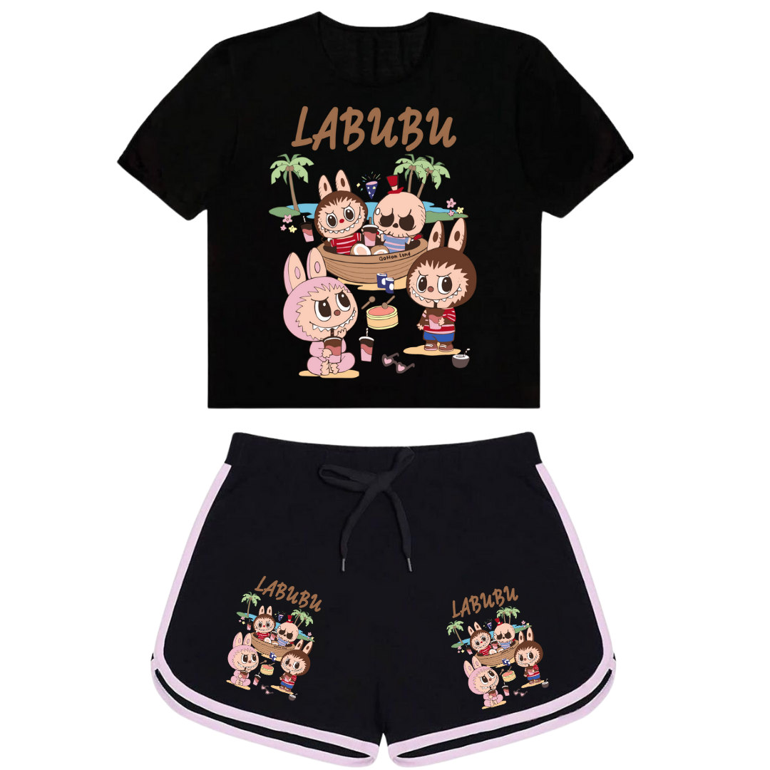 Labubu Beach Baskılı Siyah Şort/Tişört Takım 