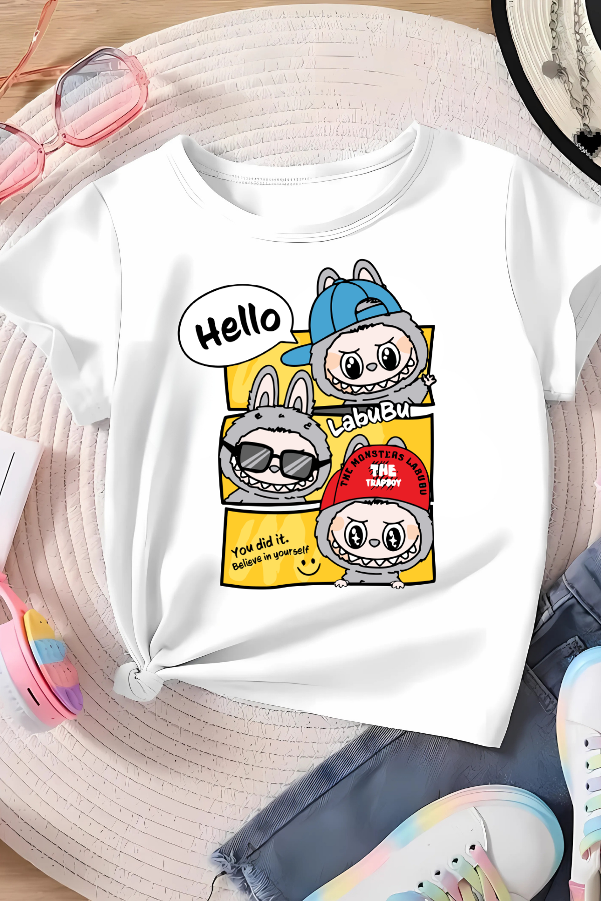Labubu Hello Baskılı Beyaz Kız Çocuk Tişört Tshirt