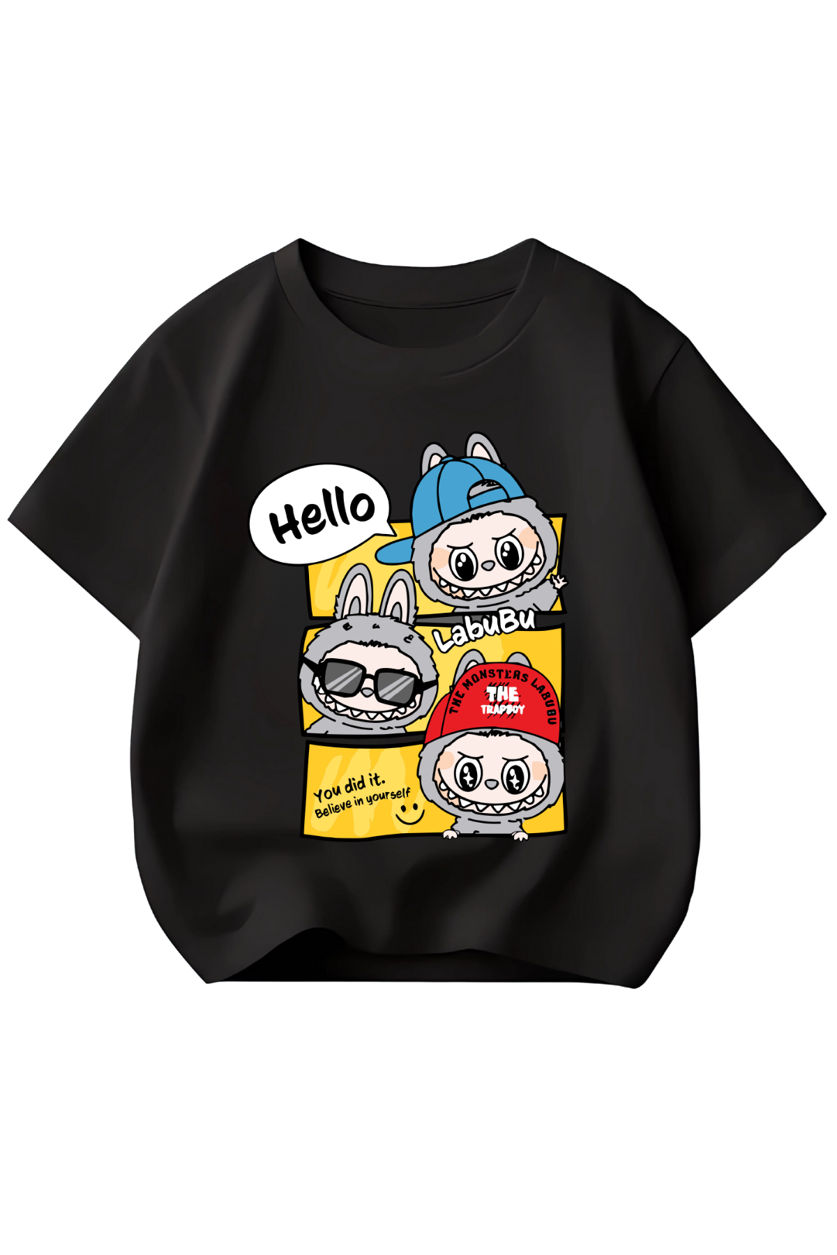 Labubu Hello Baskılı Siyah Kız Çocuk Tişört Tshirt