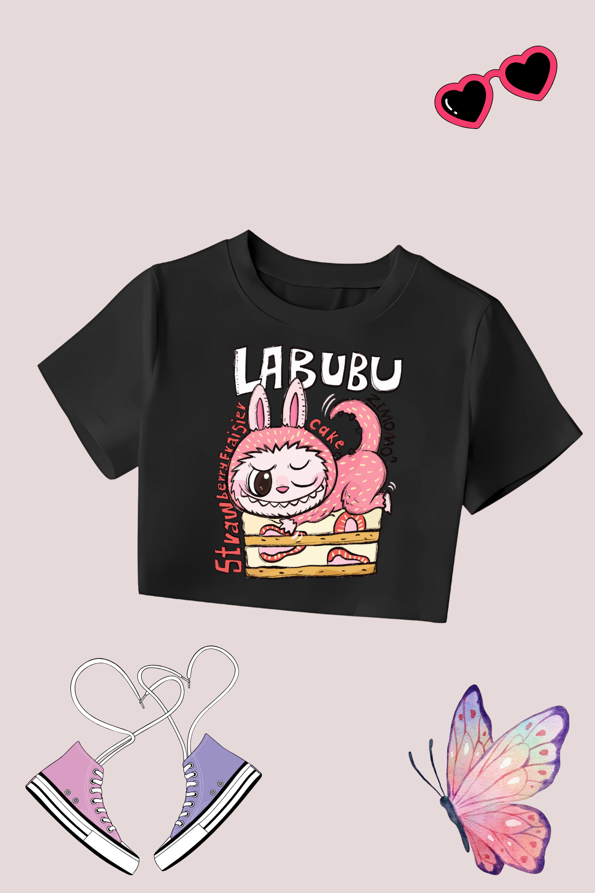 Labubu Zimomo Baskılı Siyah Crop Dar Kalıp Crop Top