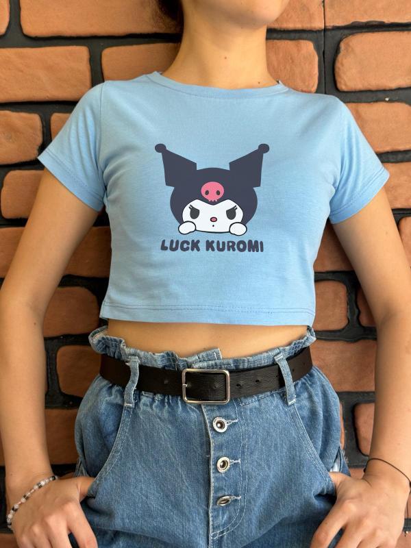 Luck Kuromi Baskılı Mavi Crop (Dar Klıptır)