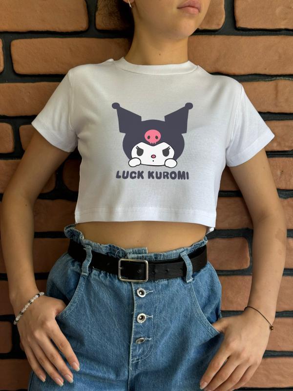 Luck Kuromi Baskılı Pembe Crop (Dar Klıptır)