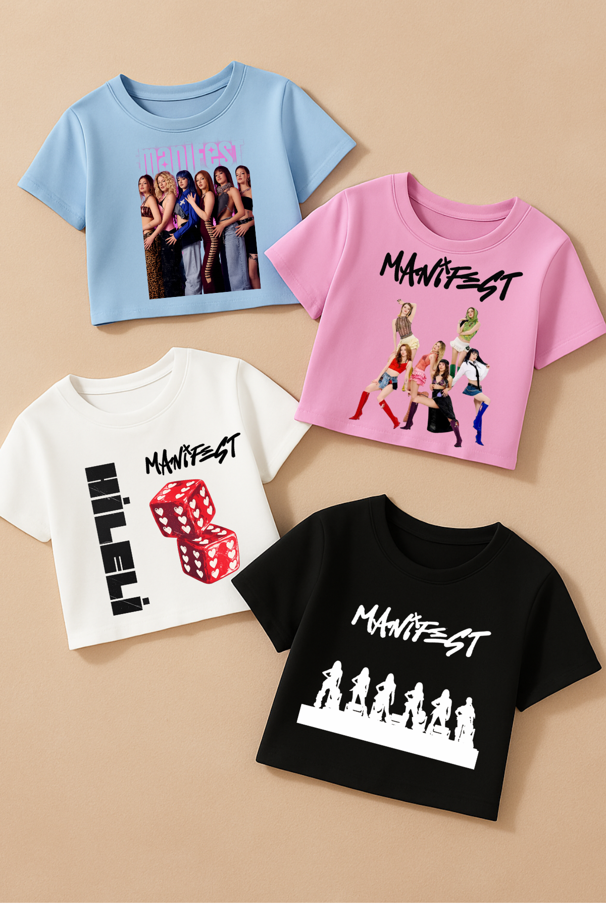 Manifest Baskılı Pamuklu 4 Adet Crop-Top Set 4lü Crop-Tişört