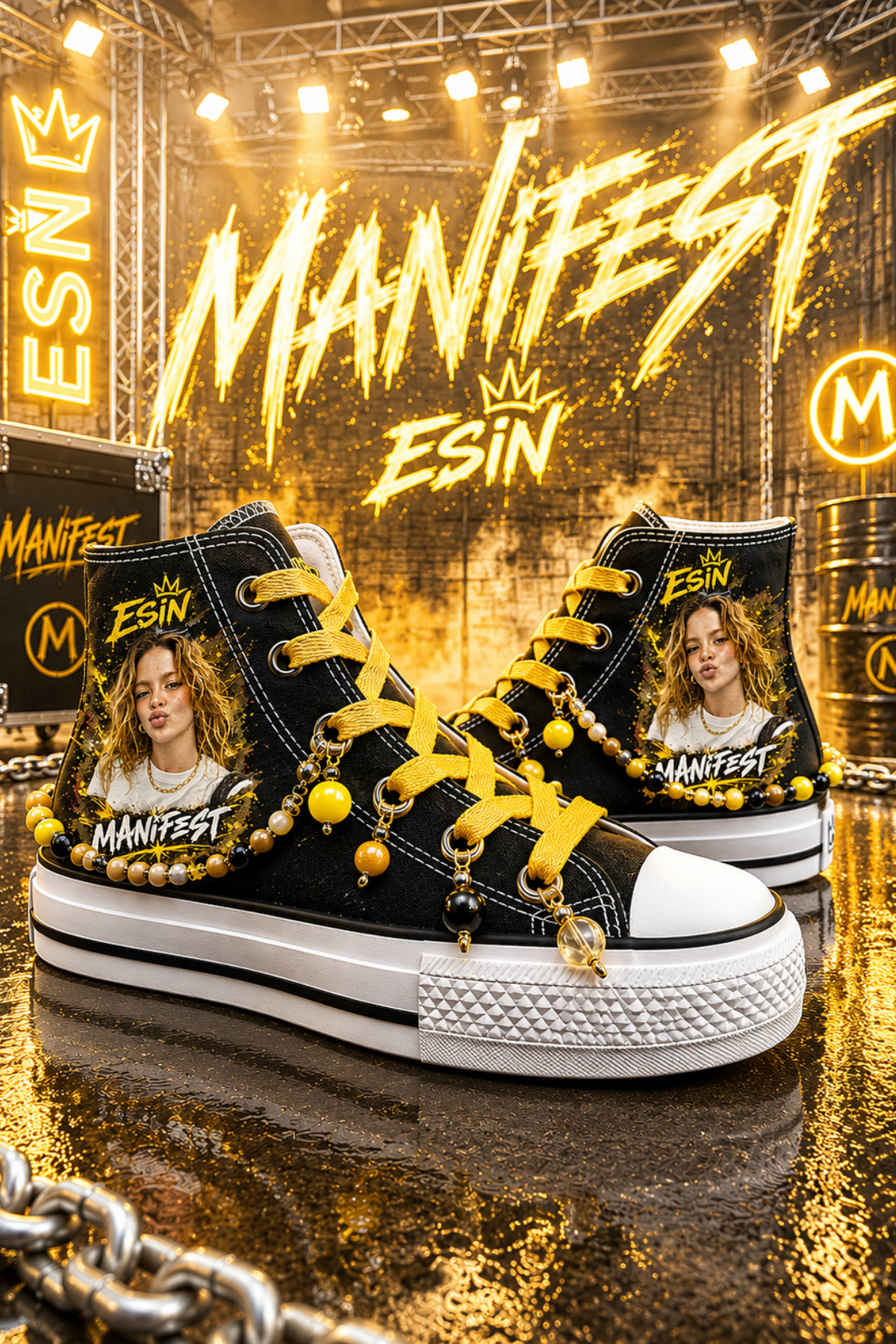 Manifest Esin Baskılı Siyah Boncuk ve Halhallı Spor Ayakkabı Sneaker 
