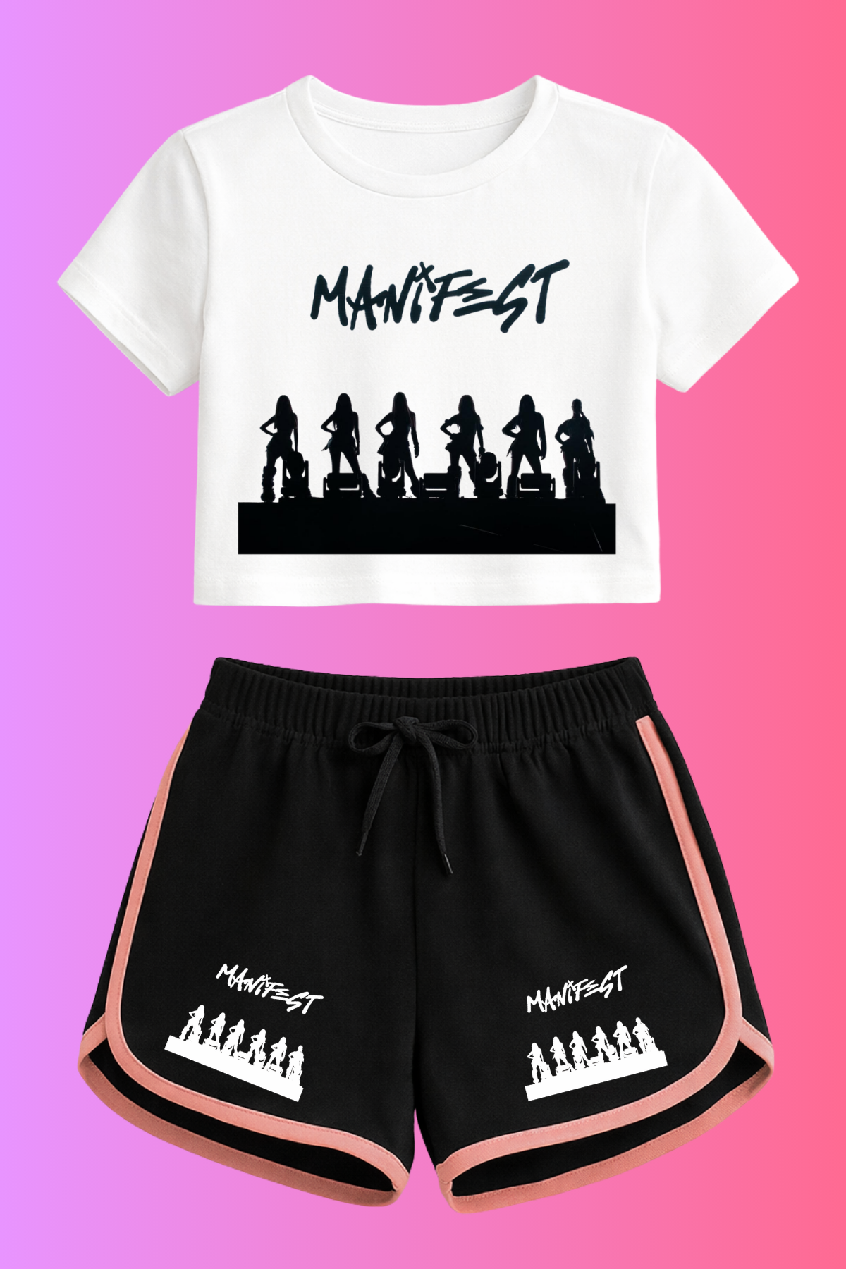 Manifest Gölge Baskılı Beyaz Crop Siyah Şort Takım