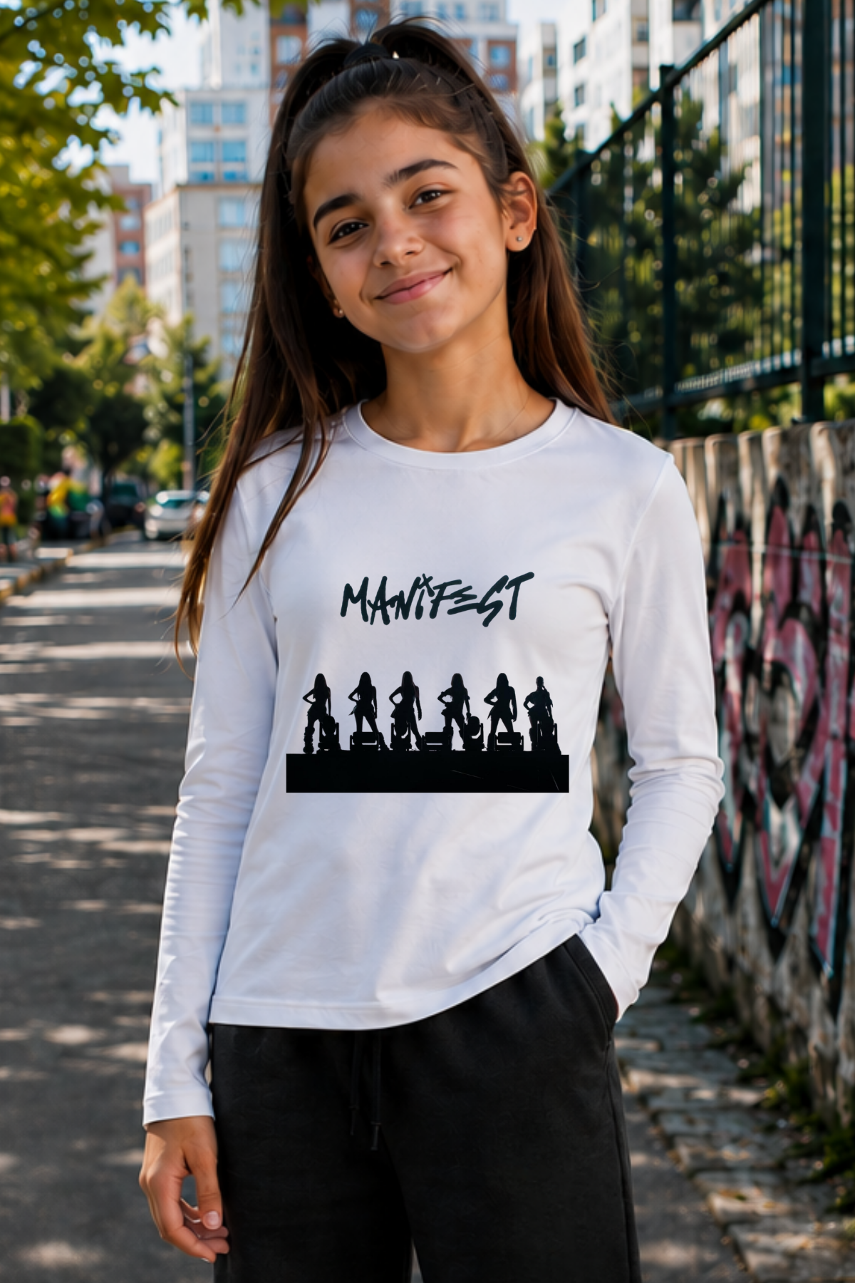 Manifest Gölge Baskılı Beyaz Dar Kalıp Body Uzun Kollu Tişört