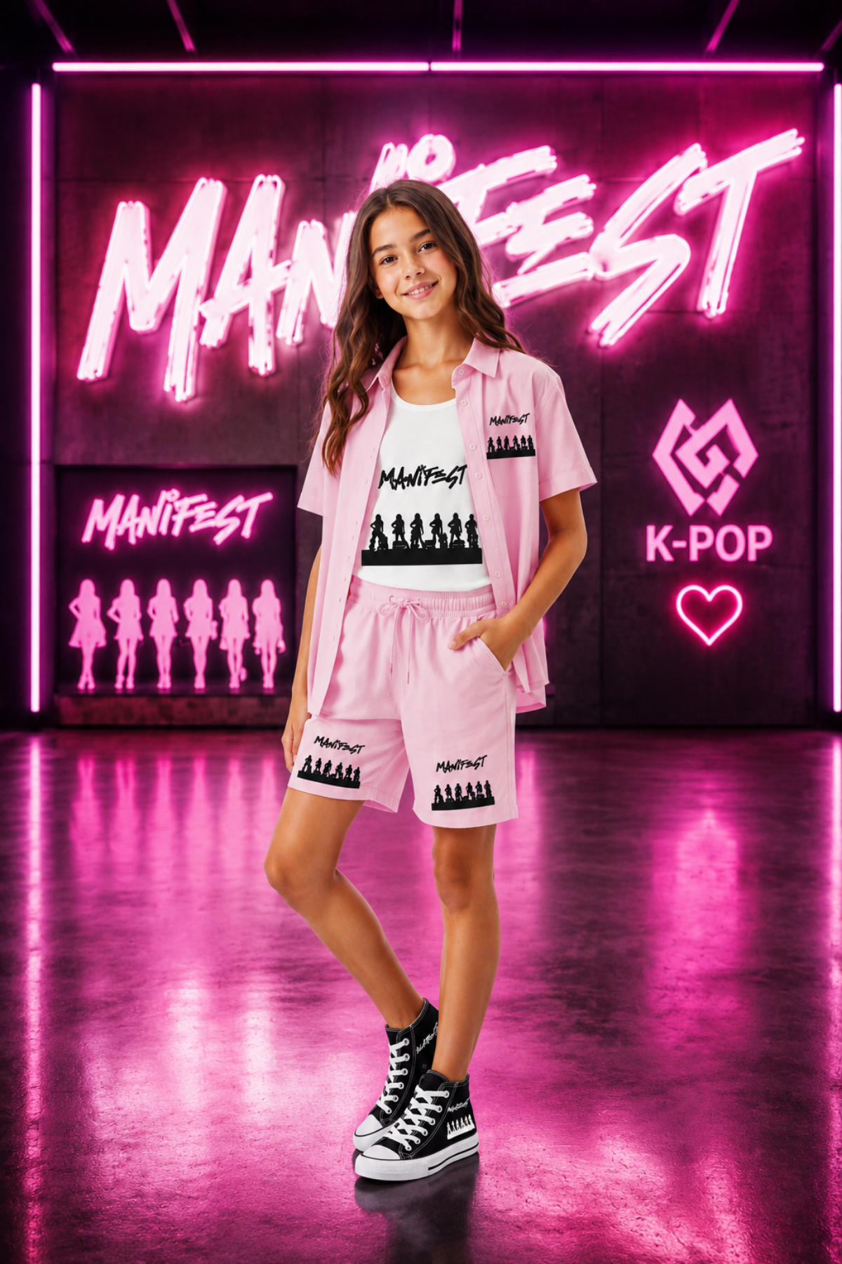 Manifest Gölge Baskılı Pembe Keten Takım ŞORT+PENYE ATLET BODY+GÖMLEK TAKIM 