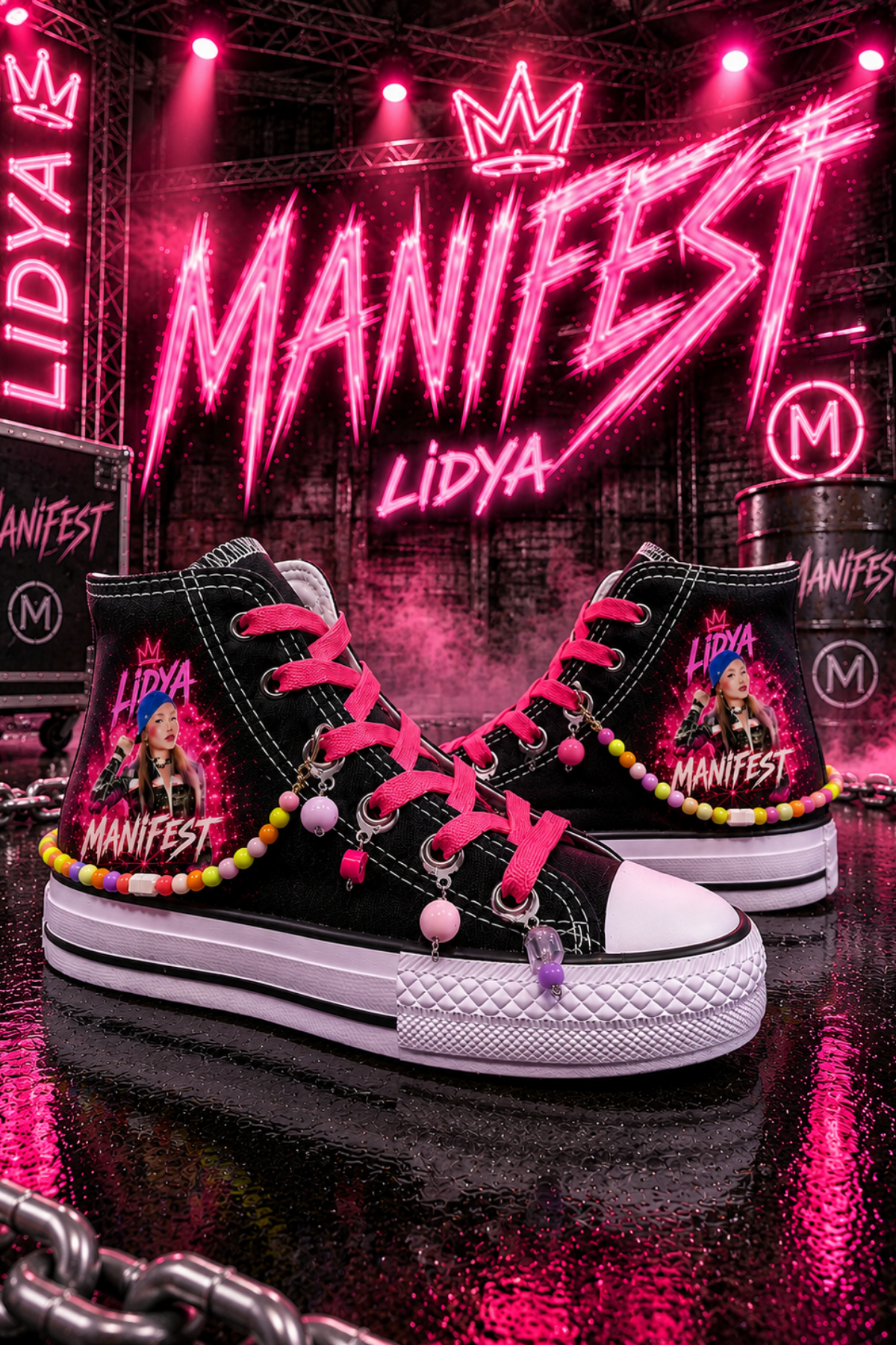 Manifest Lidya Baskılı Siyah Boncuk ve Halhallı Spor Ayakkabı Sneaker 