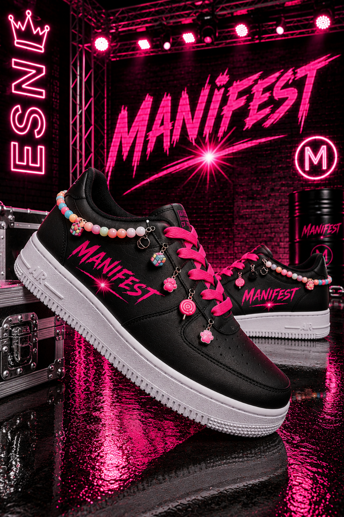 Manifest Pembe Yazı Baskılı Siyah Boncuk Ve Halhallı Spor Ayakkabı Sneaker 