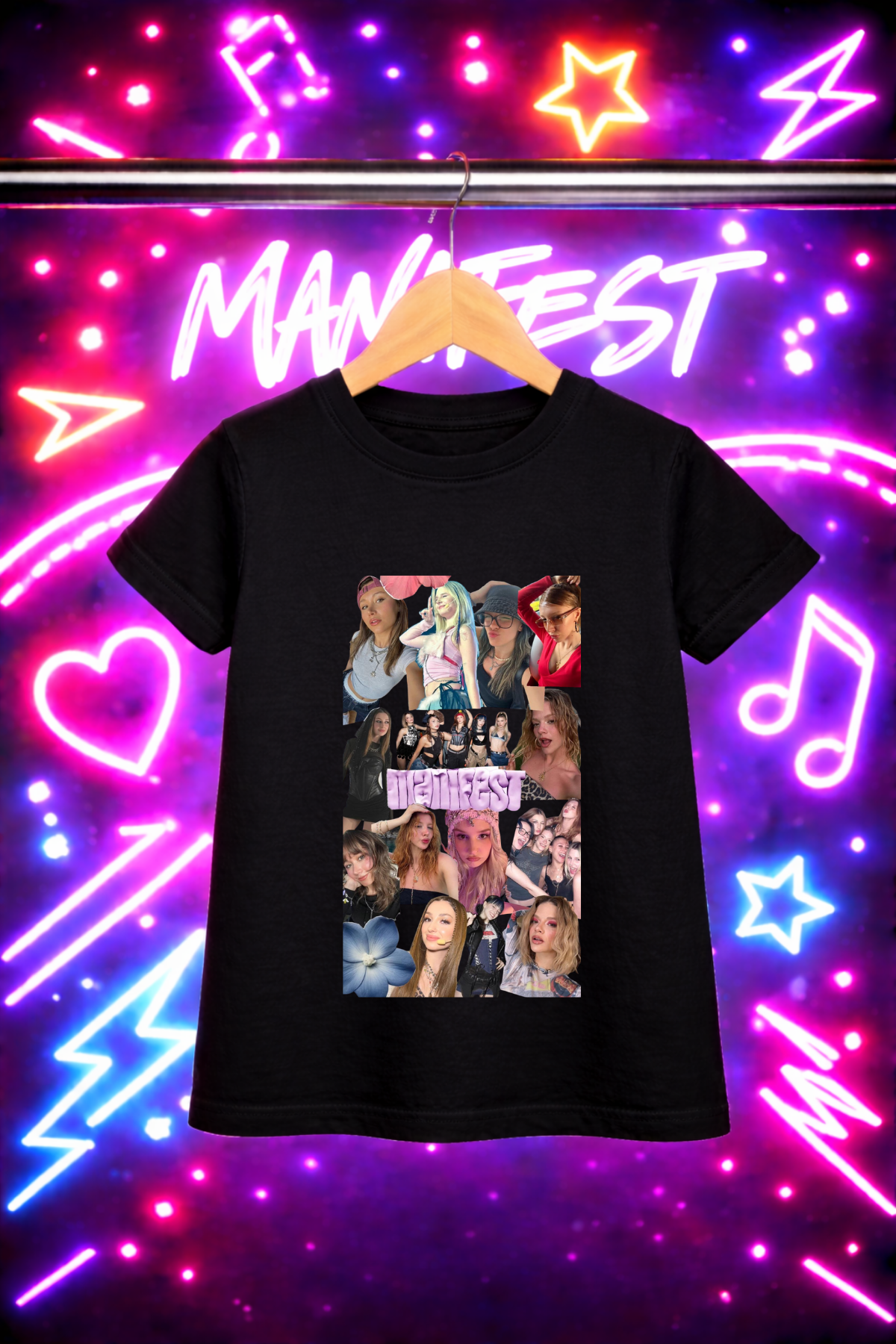 Manifest Pembe Yazı Fotoğraf Baskılı  Siyah Tişört