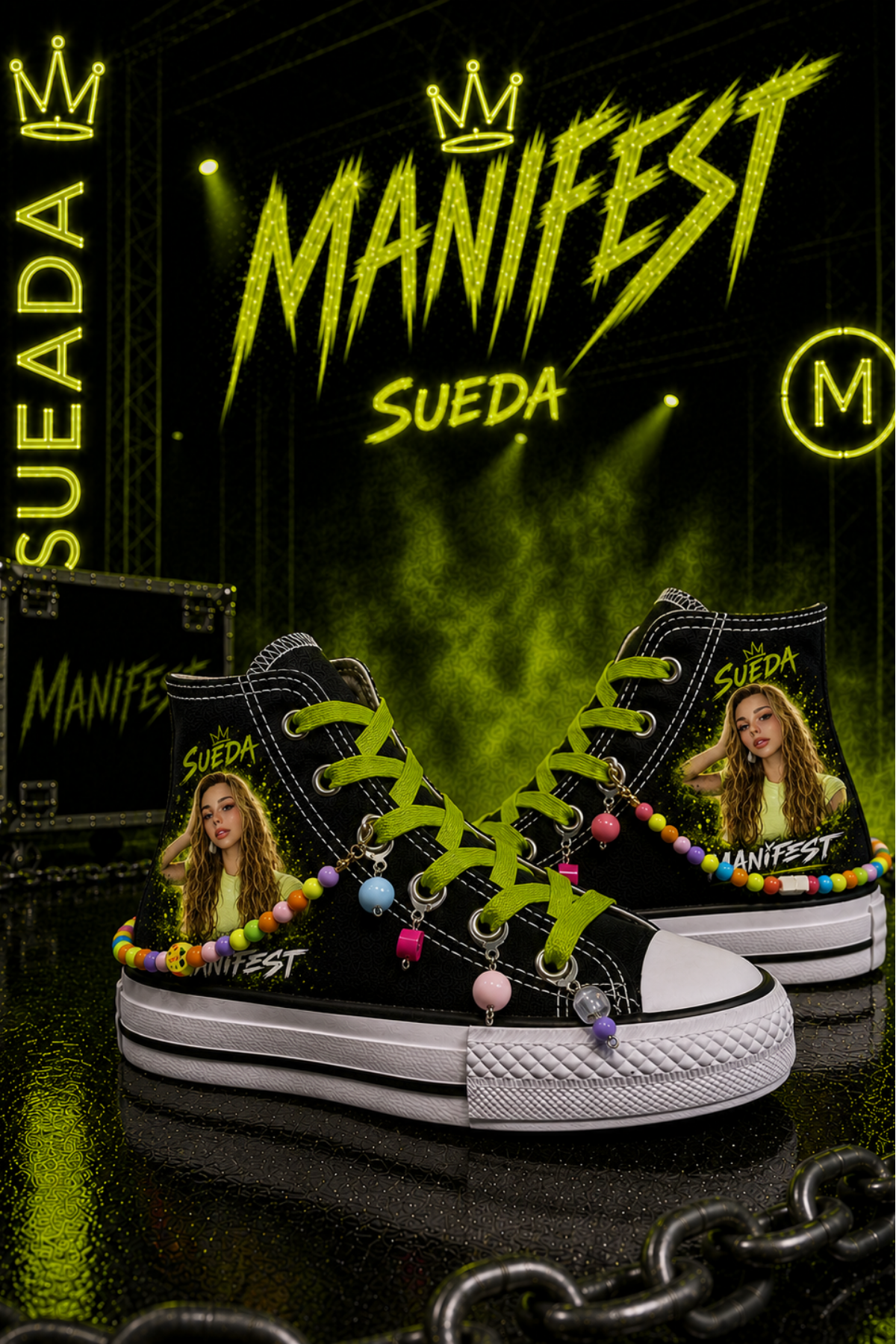 Manifest Sueada Baskılı Siyah Boncuk ve Halhallı Spor Ayakkabı Sneaker 