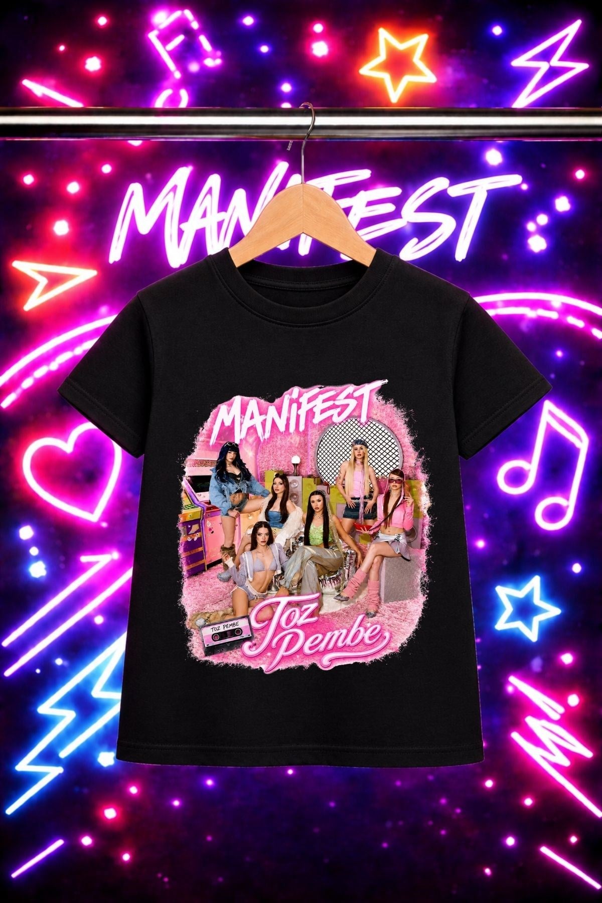 Manifest Toz Pembe Baskılı Siyah Tişört Tshirt