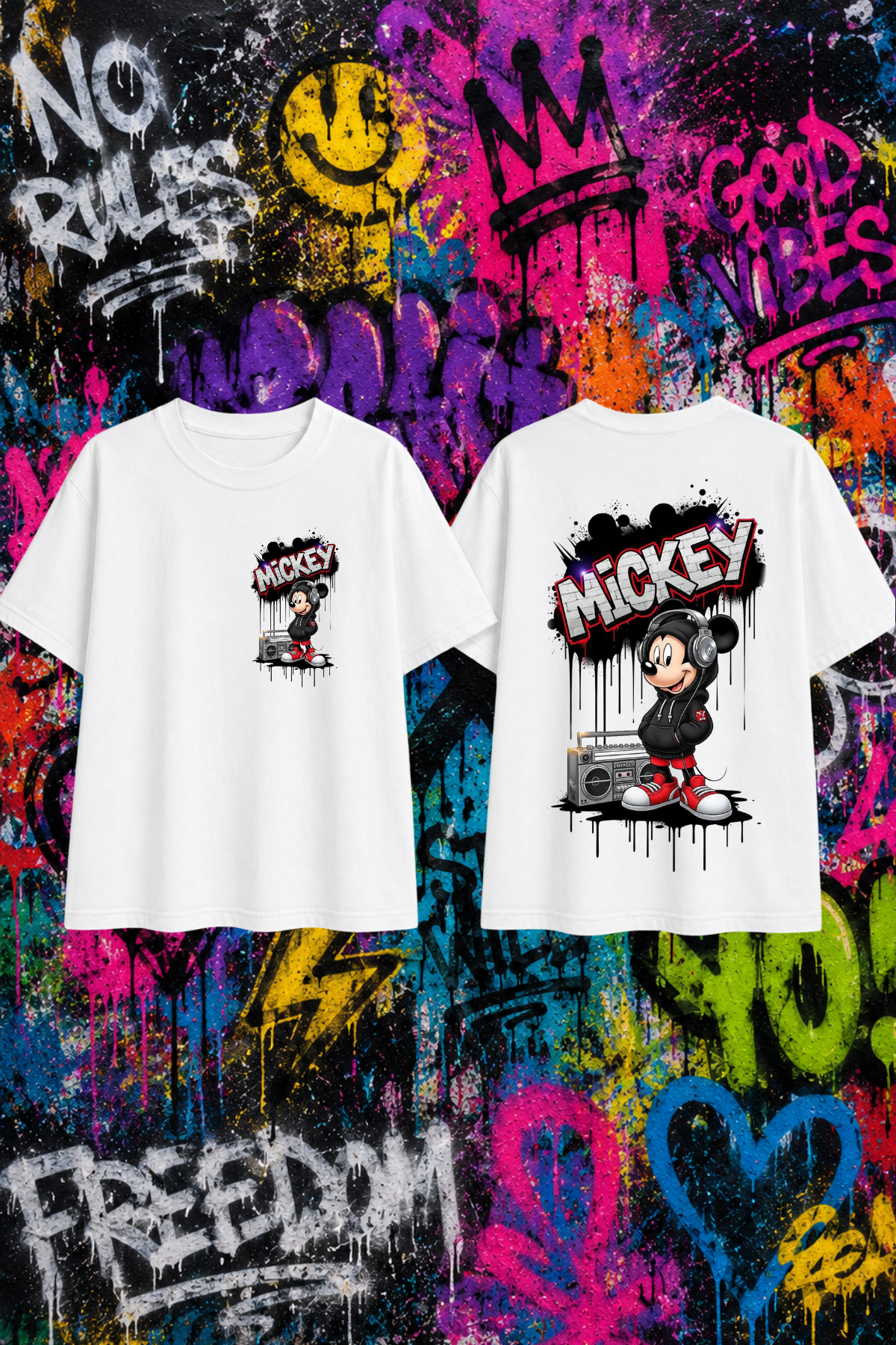 Mickey Baskılı Beyaz Unisex Tişört  Tshirt