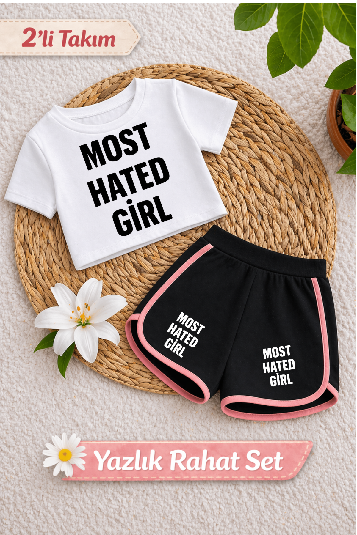 Most Hated Girl Basklı Beyaz Crop-Siyah Şort Takım 