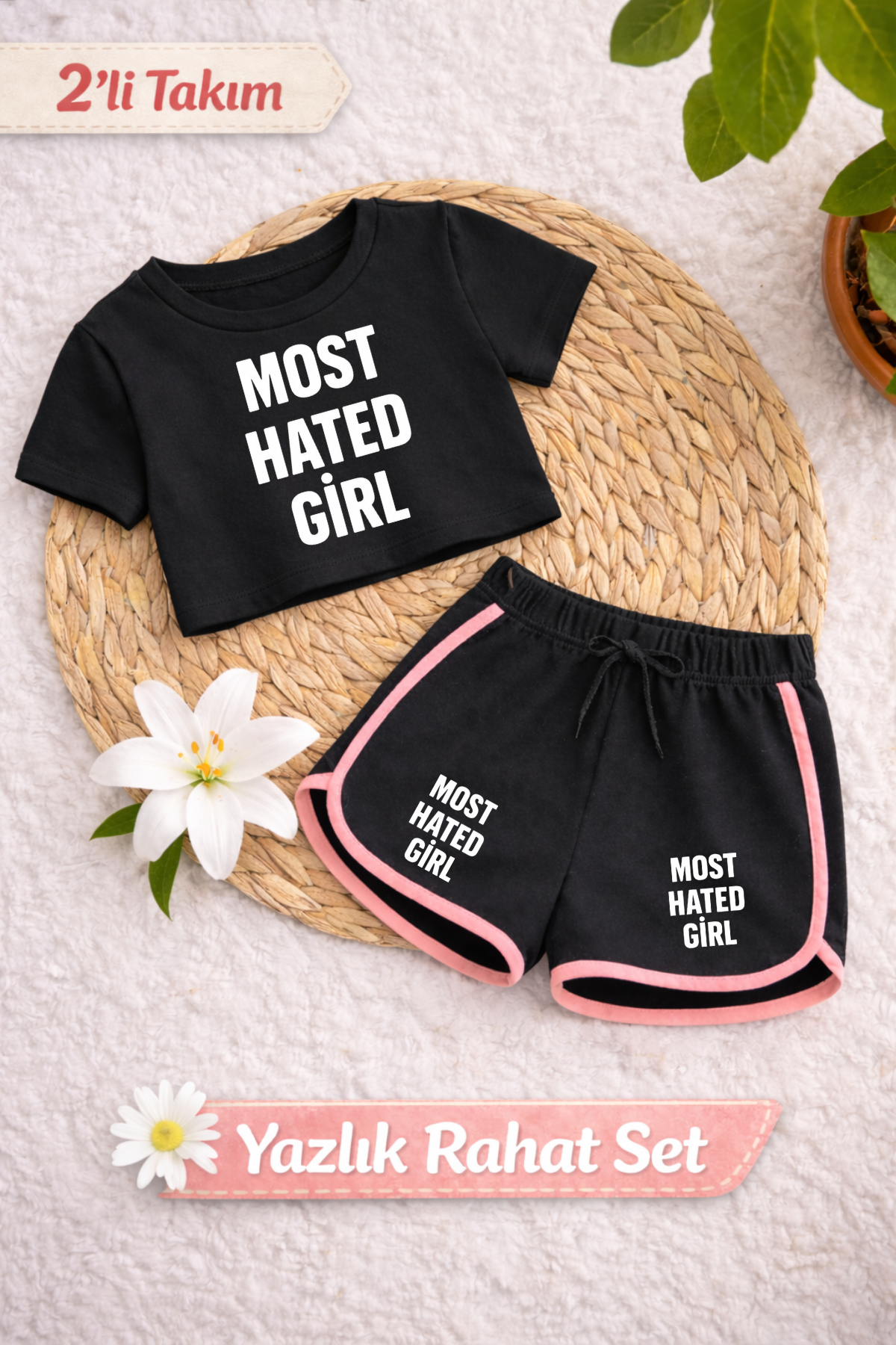 Most Hated Girl Basklı Siyah Crop-Siyah Şort Takım 
