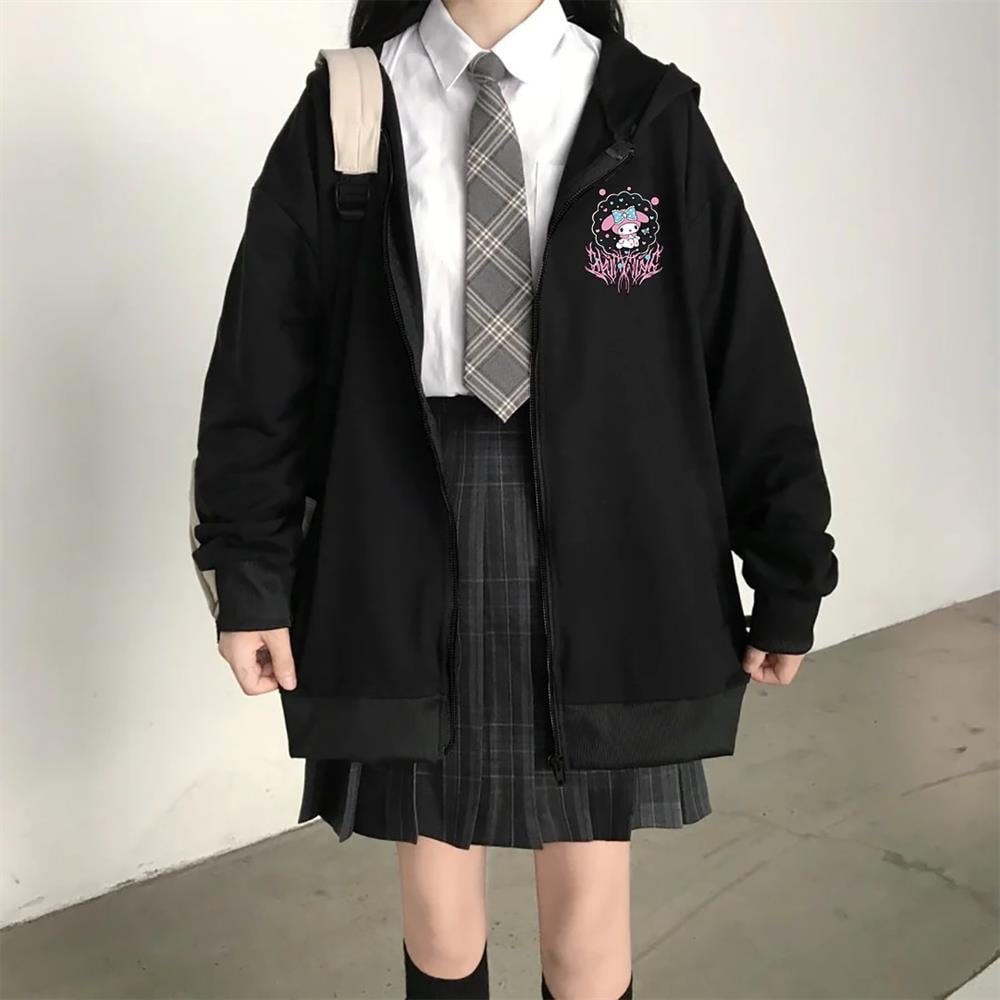 MyMelody Saçaklı Baskılı Siyah Oversize Fermuarlı Hırka Sweatshirt Hoodie