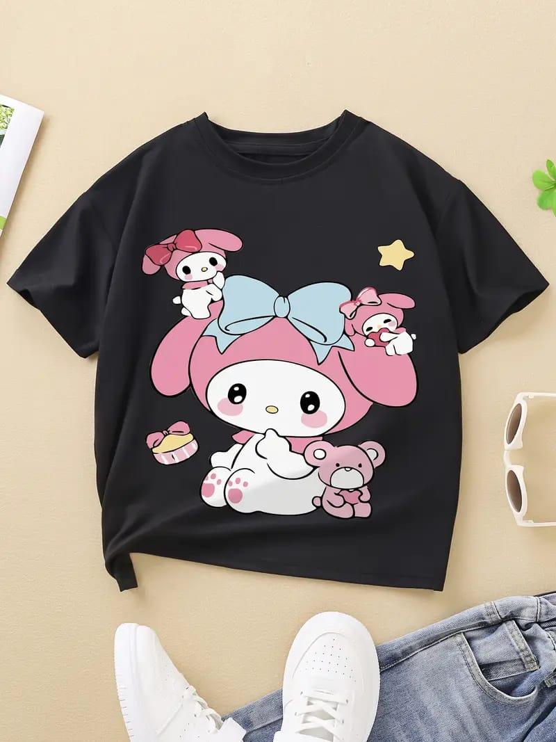 Mymelody Yıldız Baskılı Siyah Kız Çocuk Tişört TSHİRT T-Shirt 