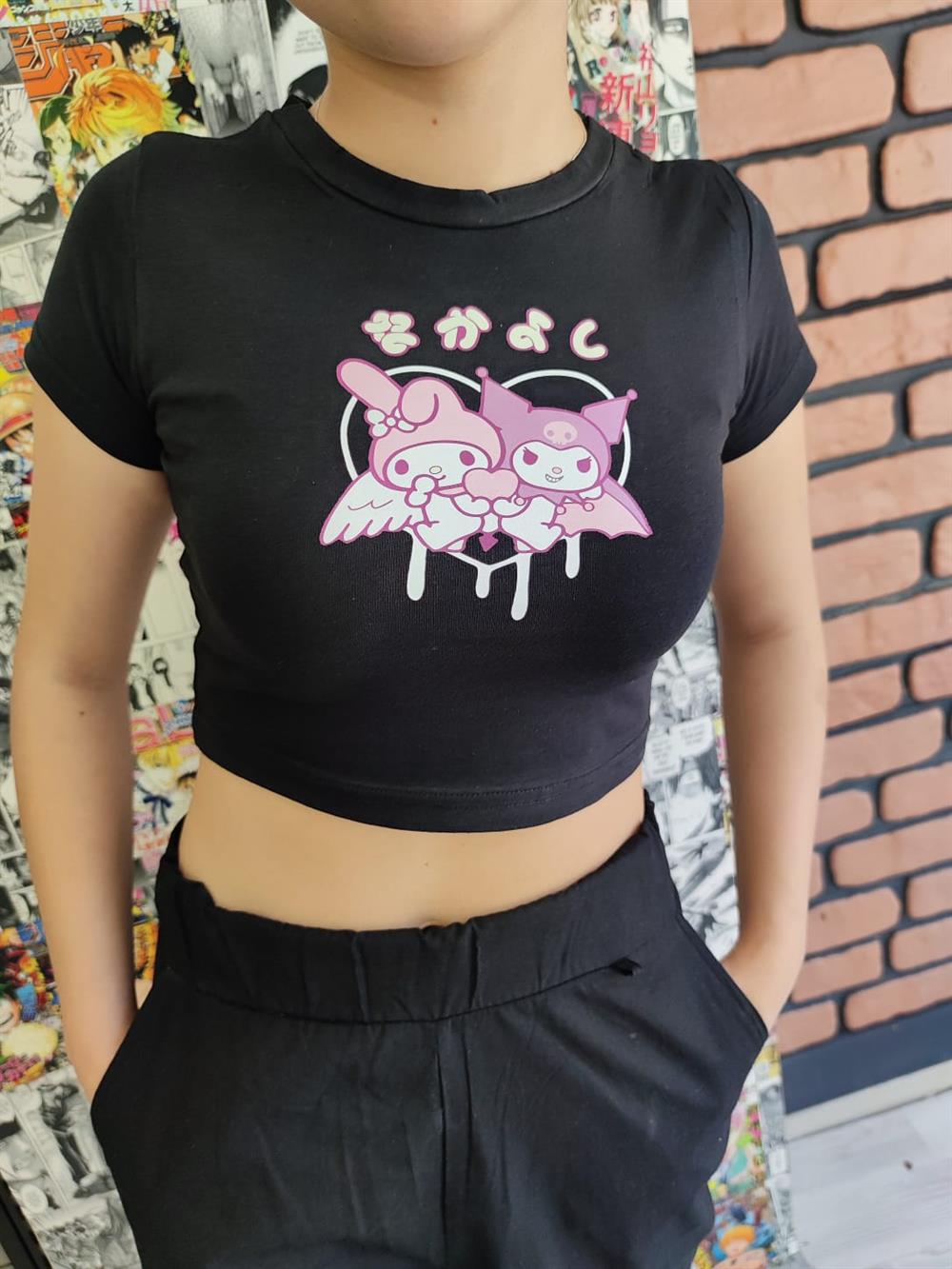 Mymelody&Kuromi Baskılı Siyah Dar Kalıp Crop Tişört