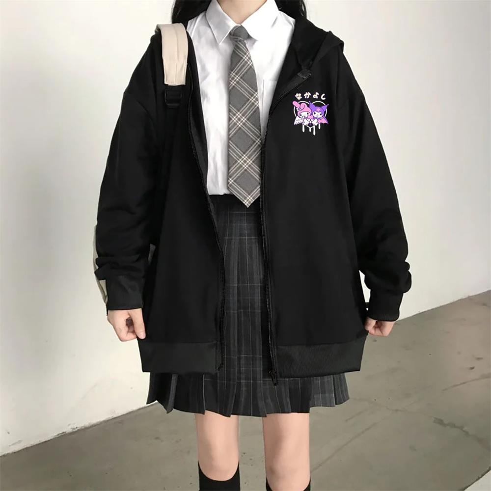 Mymelody&Kuromi Baskılı Siyah Fermuarlı Hırka Sweatshirt
