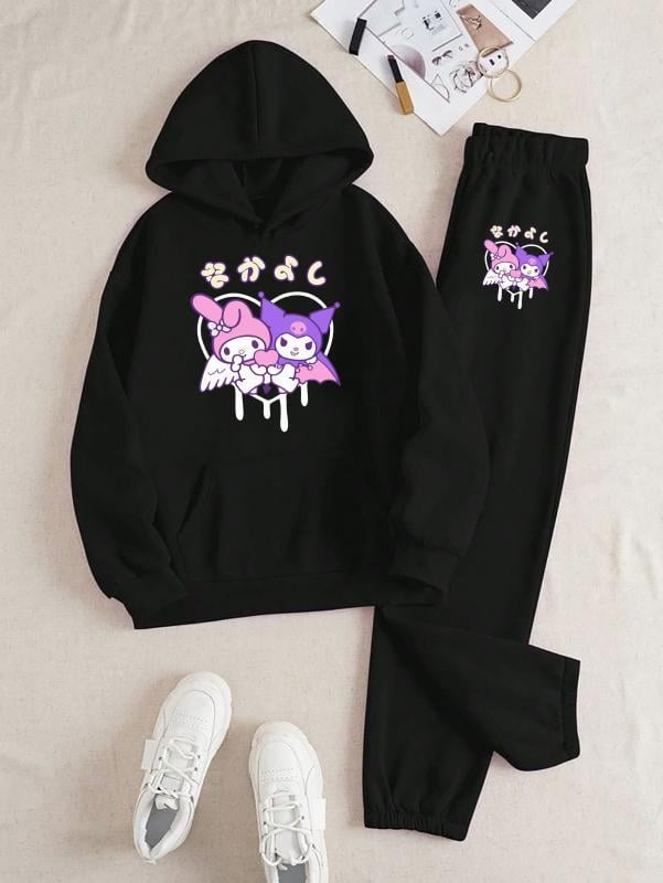 Mymelody&Kuromi Kalp Baskılı Kapüşonlu Üst Eşofman Takım 
