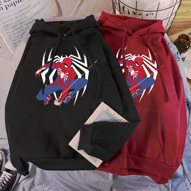 Örümcek Adam Ve Örümcek Baskılı Siyah Oversize Sweatshirt Kapüşonlu Hoodie