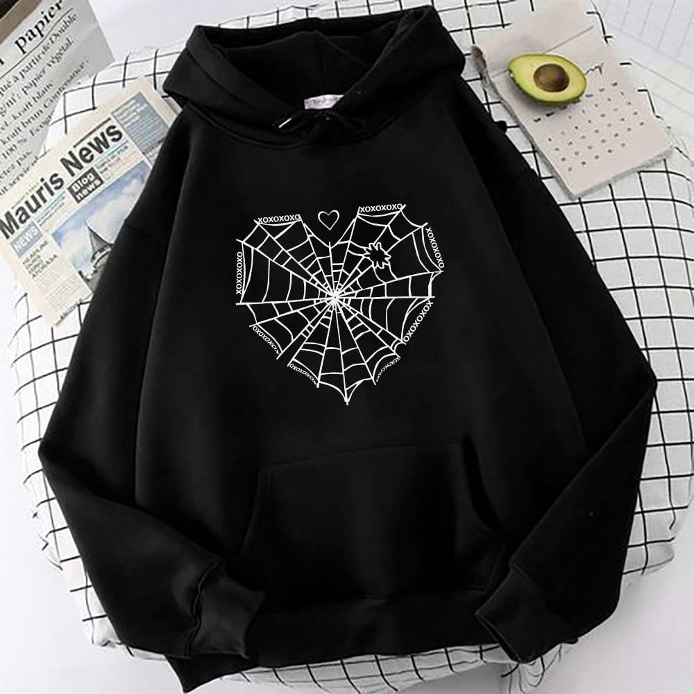 Örümcek Ağ Baskılı Siyah Oversize Sweatshirt Kapüşonlu Hoodie