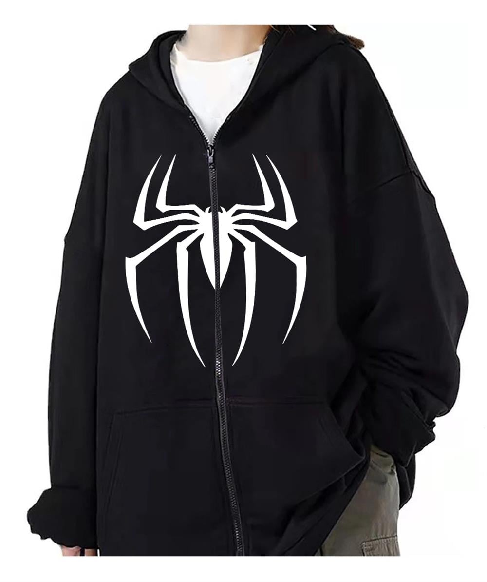 Örümcek Baskılı Unisex Siyah/Beyaz Fermuarlı Hırka Sweatshirt