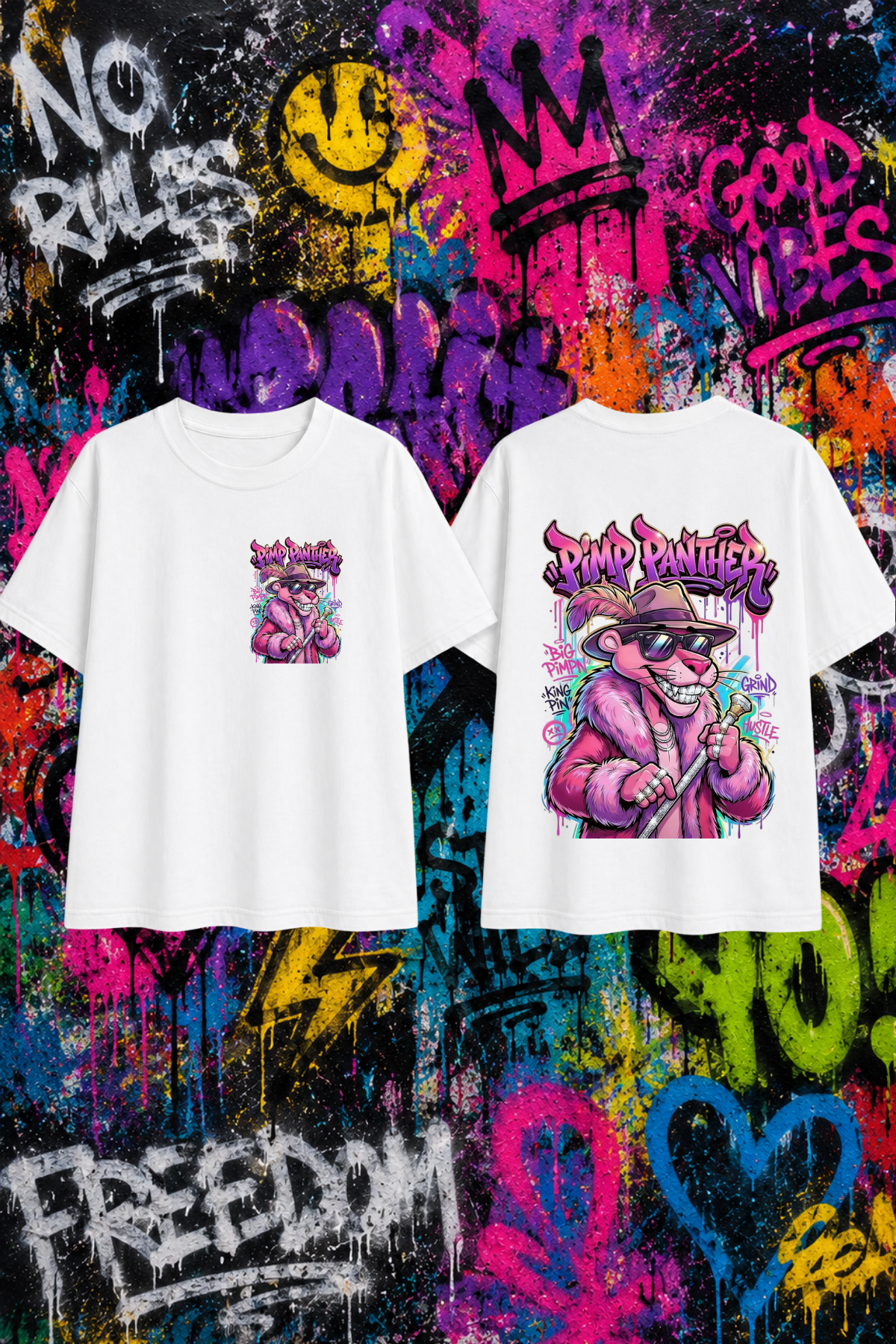 Pembe Panter Artestic Baskılı Beyaz Unisex Tişört  Tshirt