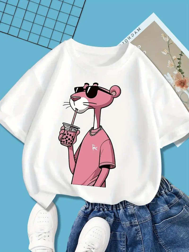 Pembe Panter Baskılı Beyaz Unisex Tişört T-shirt 