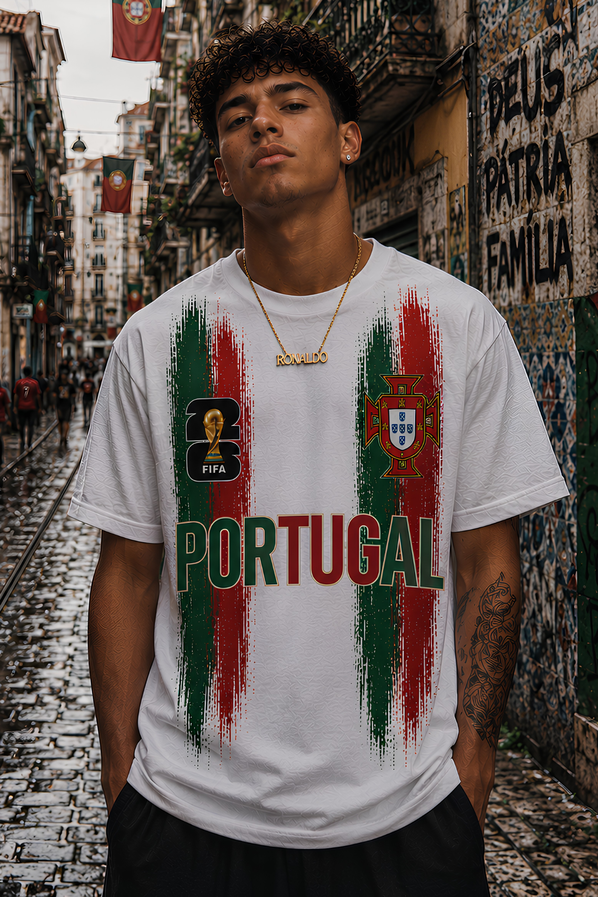 Portekiz Ronaldo Baskılı Sokak Modası Beyaz Tişört  Tshirt