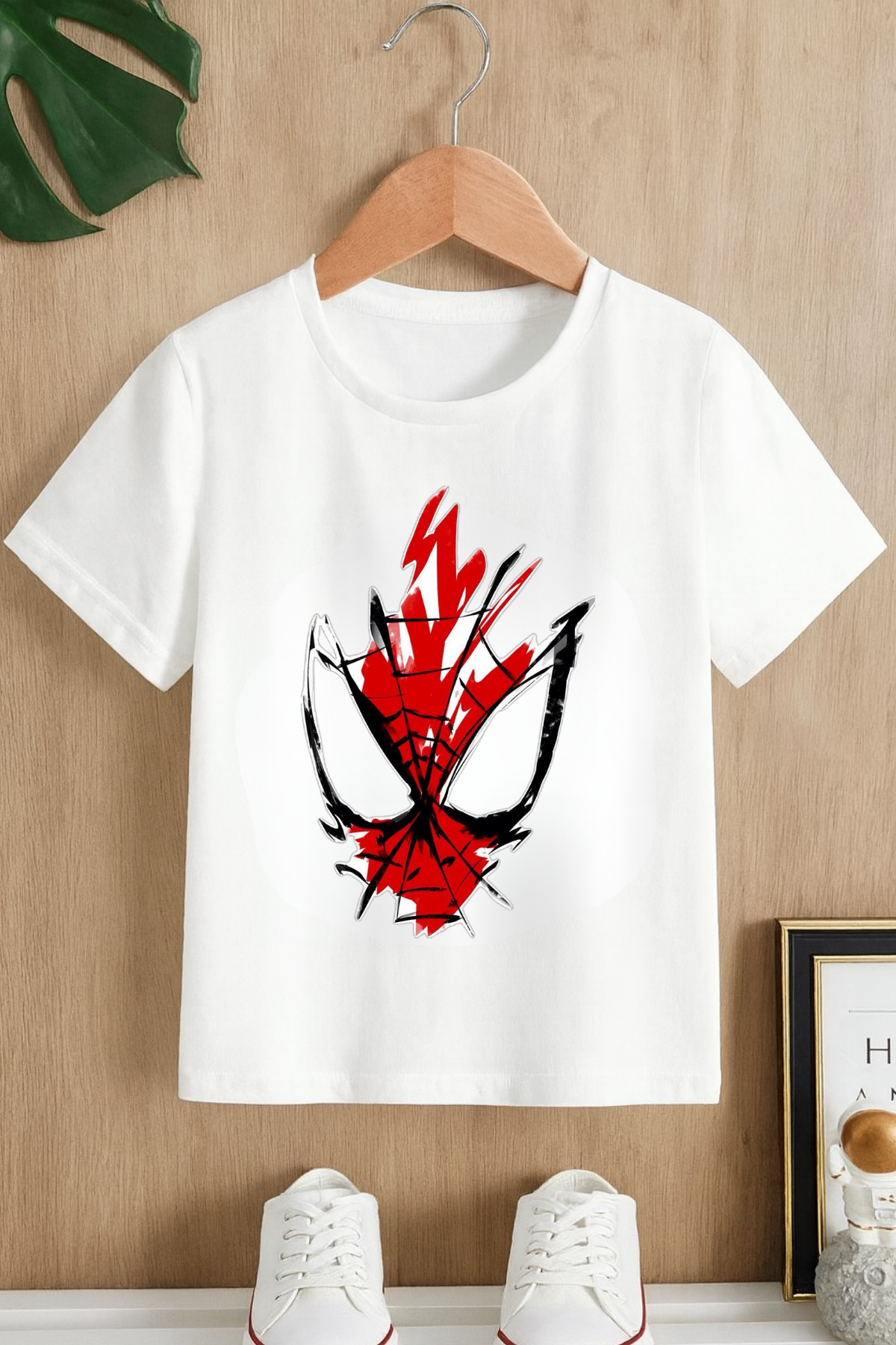 Spiderman Maske Baskılı Beyaz T-shirt Tişört 