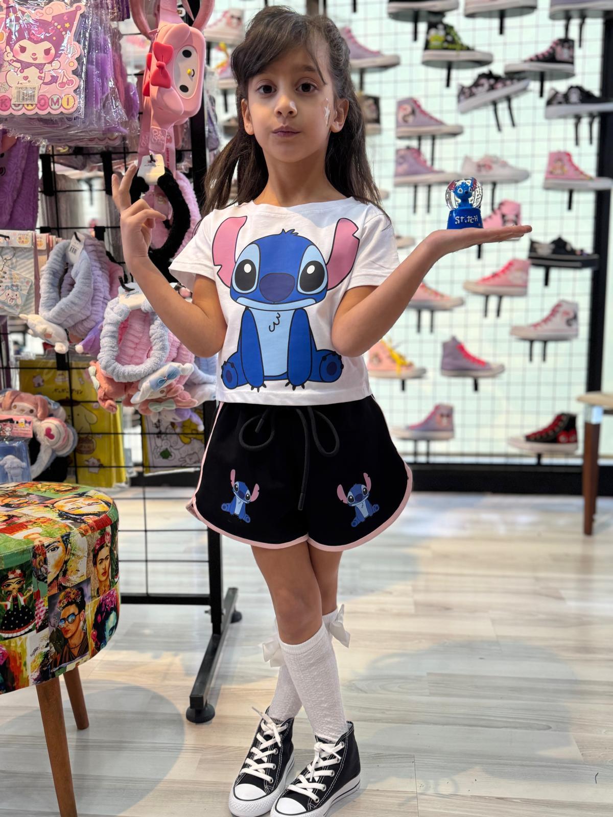 Stich Mavi Baskılı Siyah Şort/Tişört Takım