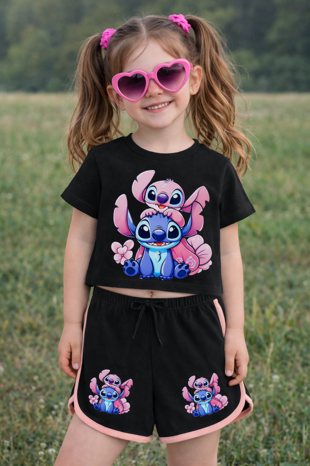 Stitch 2Lİ Baskılı Siyah Crop-Şort Takım 