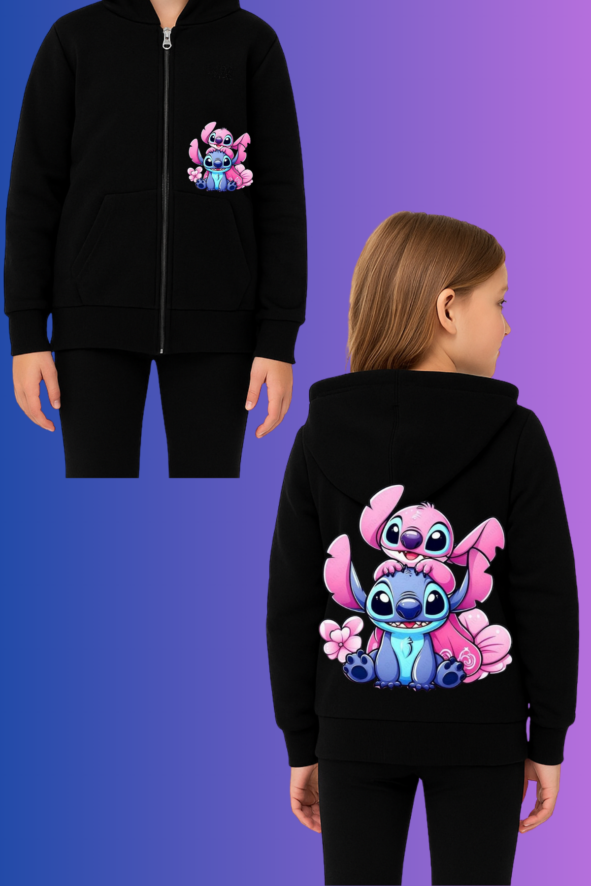 Stitch 2li Baskılı Siyah Fermuarlı Hırka Sweatshirt 