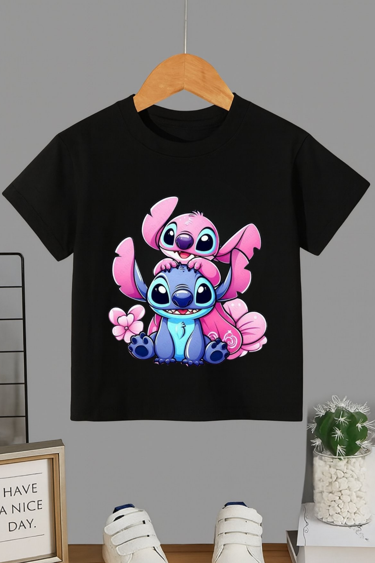 Stitch 2li Baskılı Siyah T-shirt Tişört 