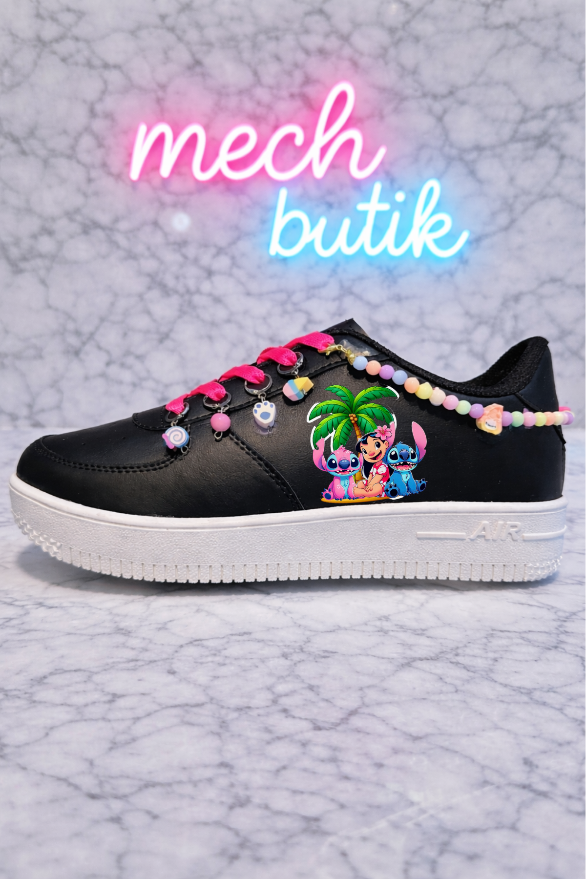 Stitch 3lü Baskılı Siyah Boncuk Ve Halhallı Spor Ayakkabı Sneaker 
