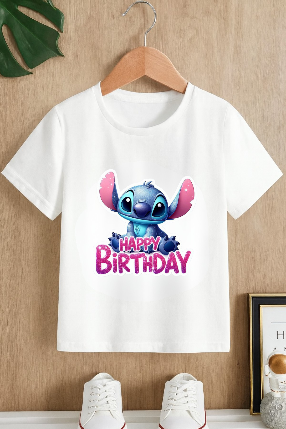 Stitch Happy Birtday Baskılı Beyaz T-shirt Tişört 
