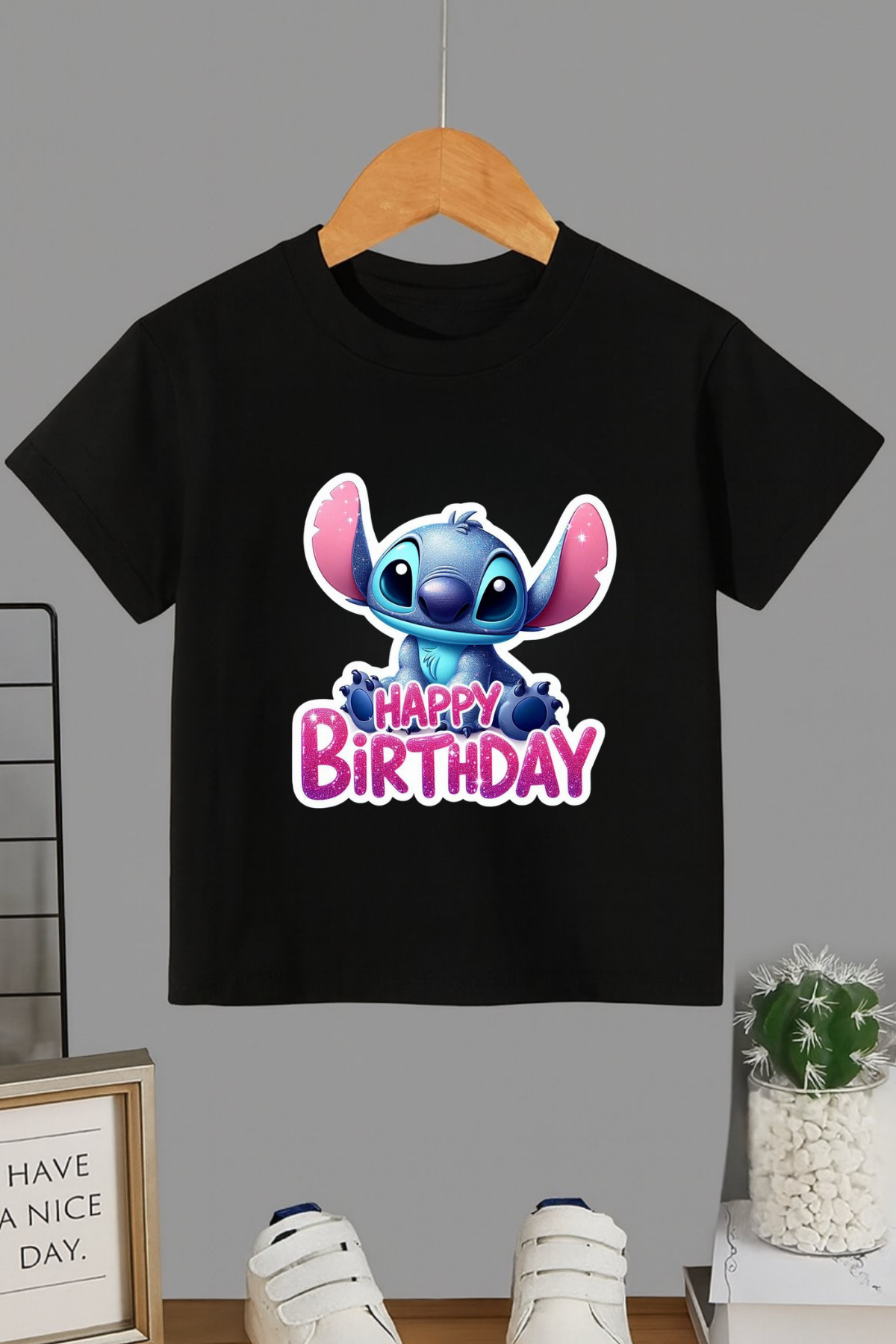 Stitch Happy Birtday Baskılı Siyah T-shirt Tişört 
