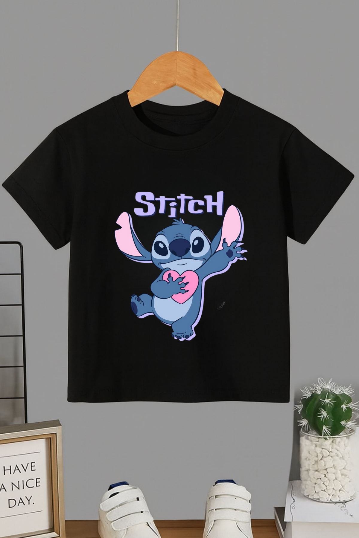 Stitch İsimli Siyah T-shirt Tişört 