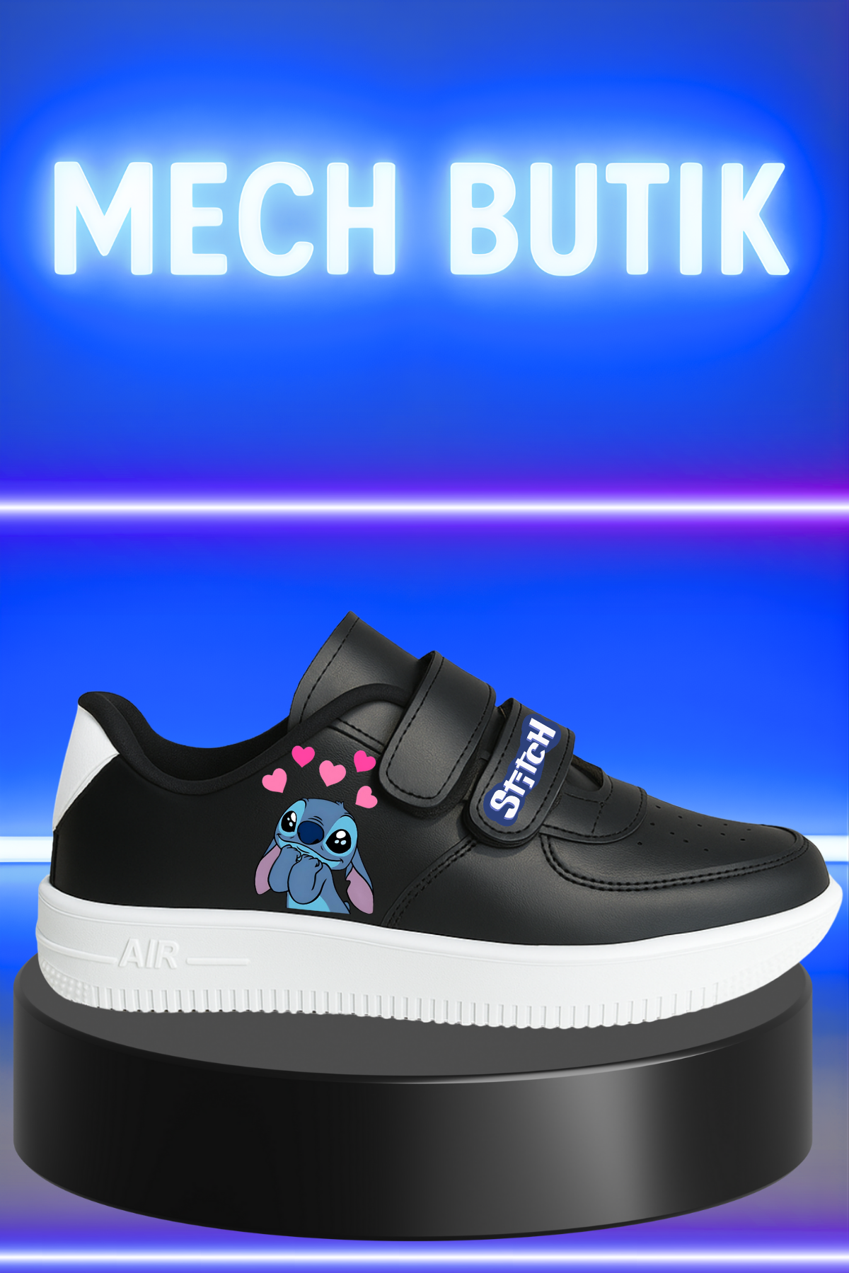 Stitch Kalp Baskılı Çırtlı Siyah Spor Ayakkabı 