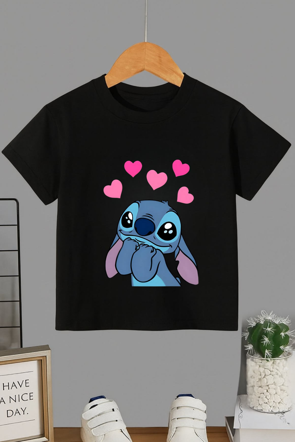 Stitch Kalpli Baskılı Siyah T-shirt Tişört 