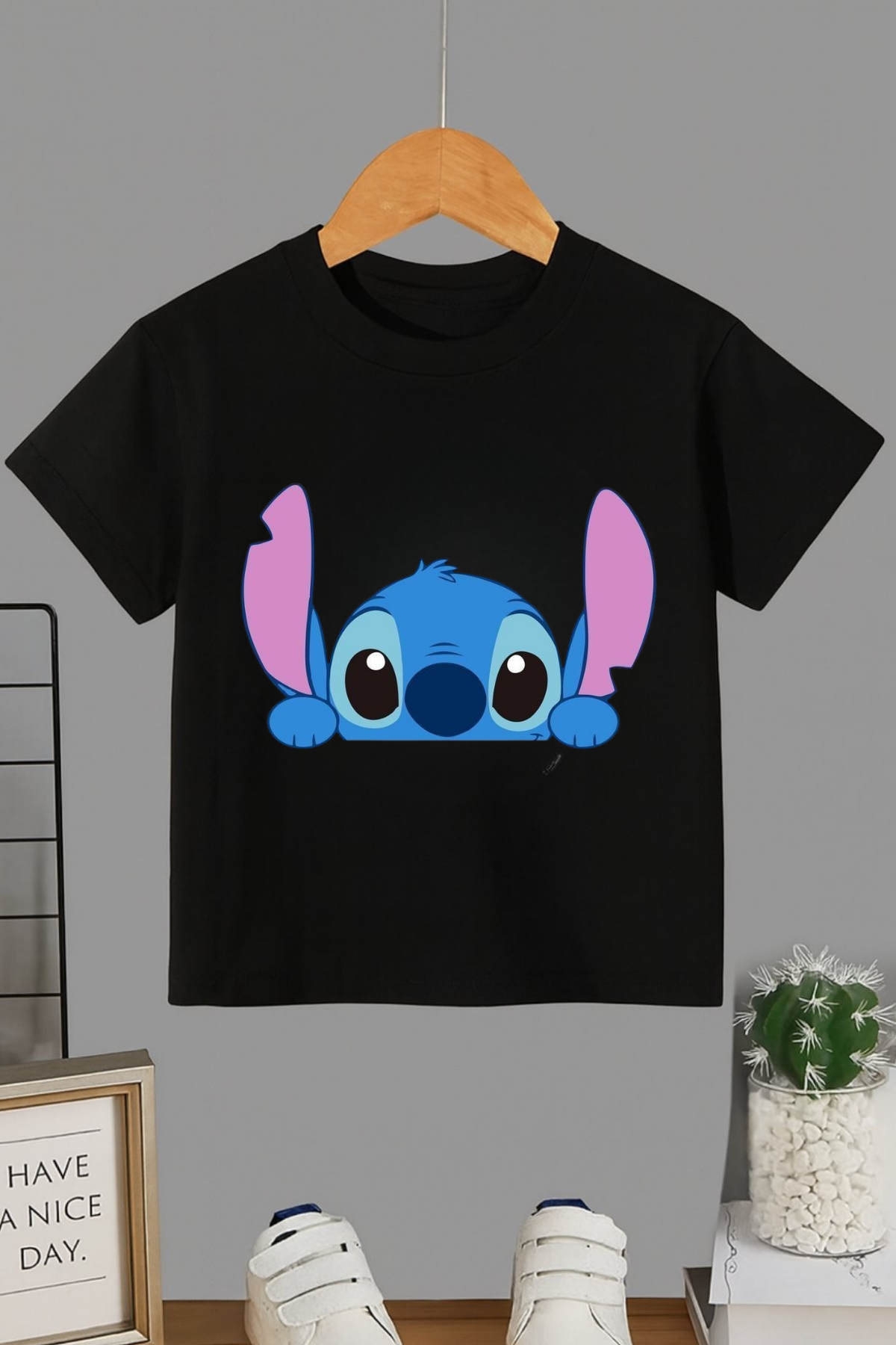 Stitch Klasik Baskılı Siyah T-shirt Tişört 